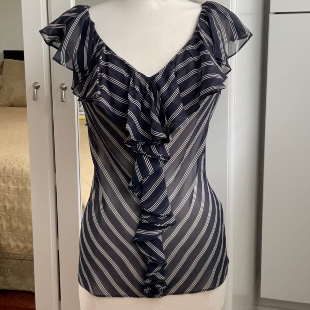 Lauren Ralph Lauren Navy & White Striped Short Sleeve silk Ruffle Blouse / Small